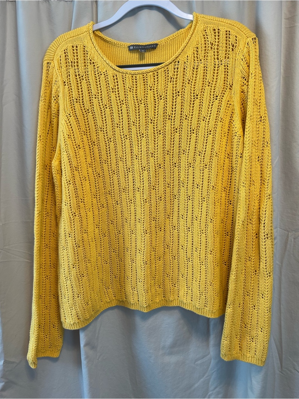 Elliott Lauren Mustard Yellow Open-Knit Crewneck Sweater